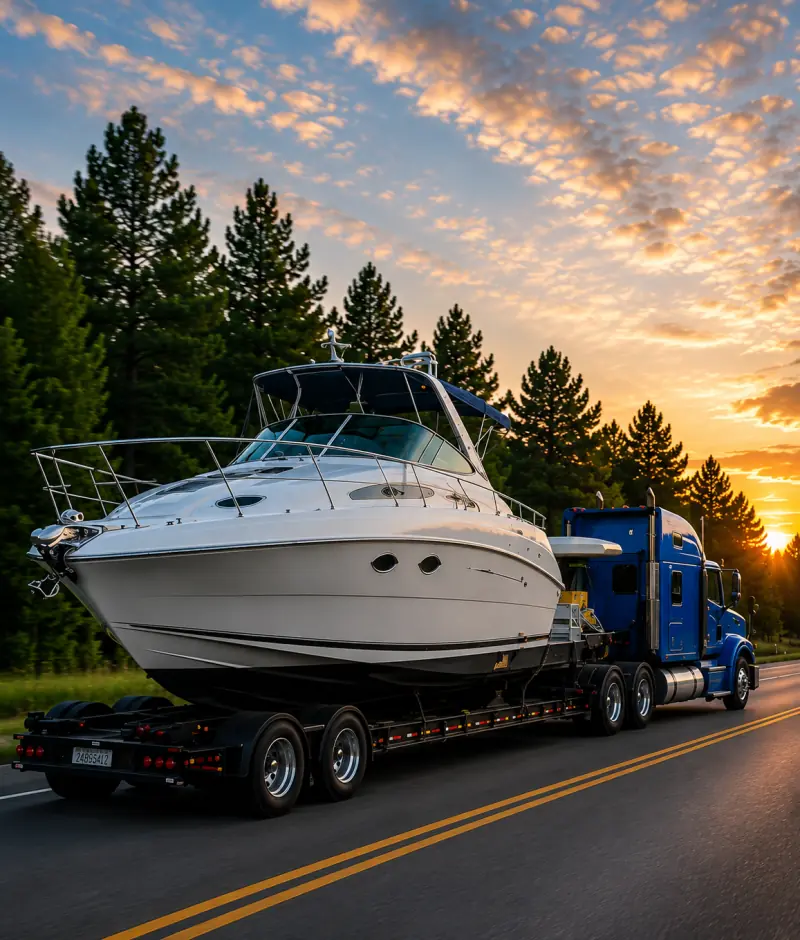 White cabin cruiser on a trailer behind a semi-truck on a forest-lined road at sunset