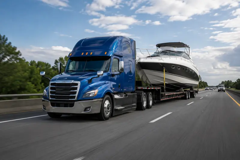 Blue semi-truck hauling a sport powerboat on a flatbed trailer on a highway