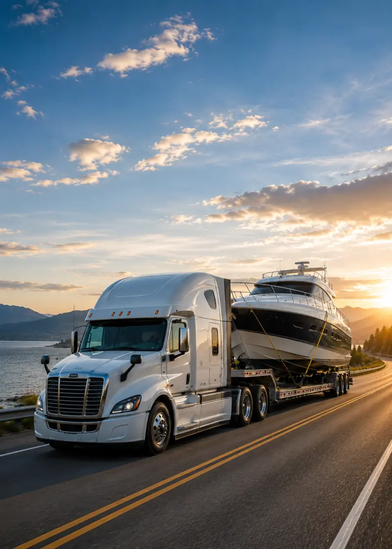 Semi-truck hauling a yacht on a trailer along a coastal highway at sunset