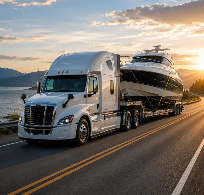 Semi-truck hauling a yacht on a trailer along a coastal highway at sunset