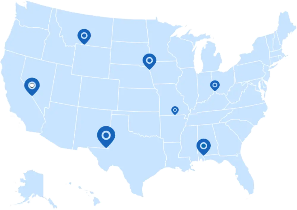 Illustrated map of the continental United States with location markers
