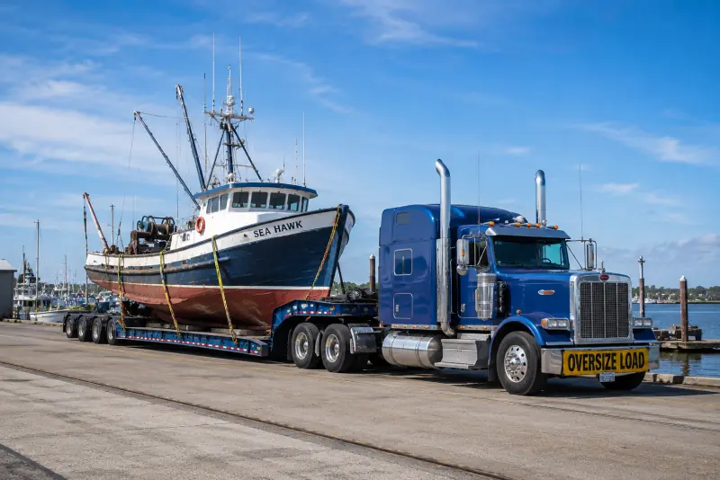 Commercial fishing boat on an oversize-load lowboy trailer behind a semi-truck at a dock