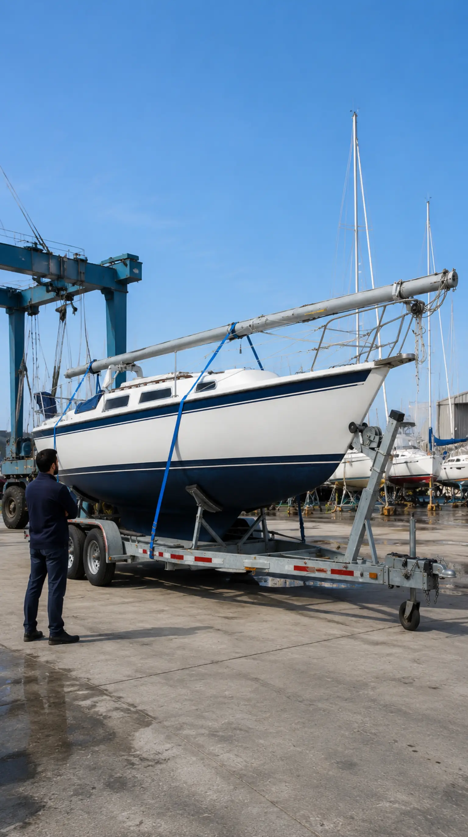 Sailboat on a dual-axle trailer at a boatyard travel-lift