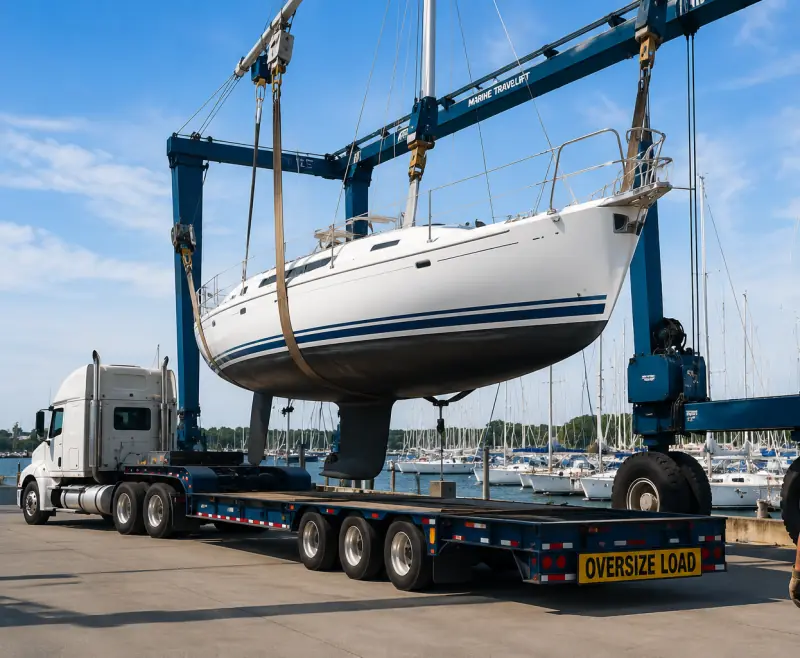 Sailboat suspended in a travel-lift above a flatbed semi-trailer at a marina