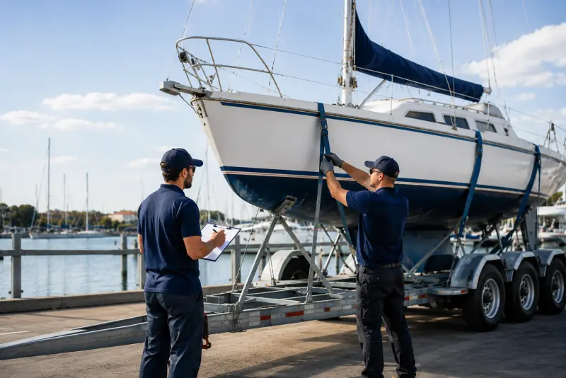 Two uniformed workers with a clipboard inspecting a sailboat on a multi-axle trailer at a dock